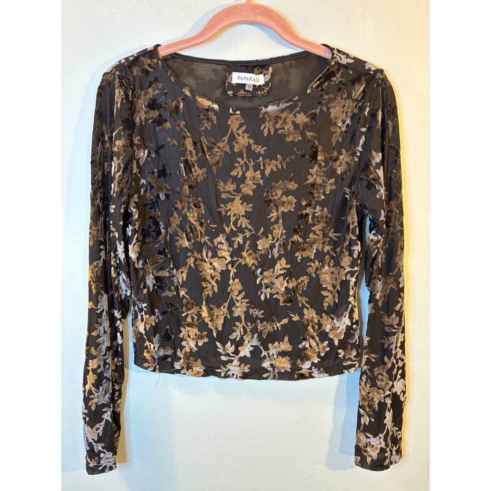 Paparazzi Brown Velvet Burnout Top M Long Sleeve Y2K
